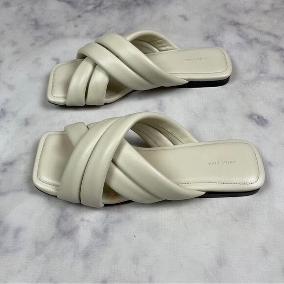 Anine Bing Eve Padded Cross Strap Ivory Leather Slide Sandals - Picture 5 of 10
